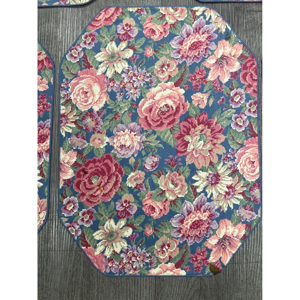 Vintage 80s 90s Quilted Placemats Set of 8 Cottagecore Cabbage Rose Floral Blue